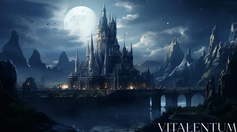 Dark Fantasy Castle Overlooking River AI Image