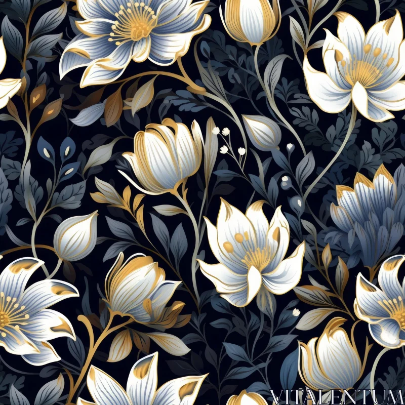 Elegant Floral Pattern in White and Gold on Dark Blue Background AI Image