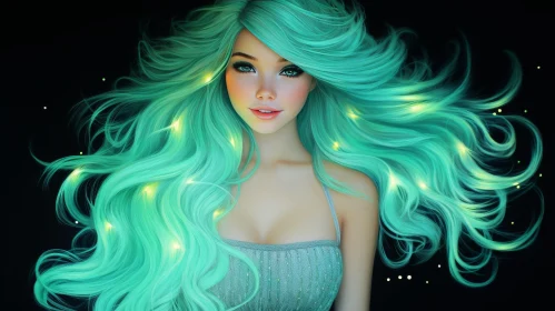 Enchanting Woman Portrait with Green Hair and Glowing Lights