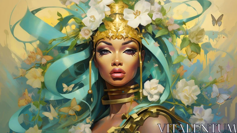 Ethereal Woman Portrait with Golden Headdress AI Image