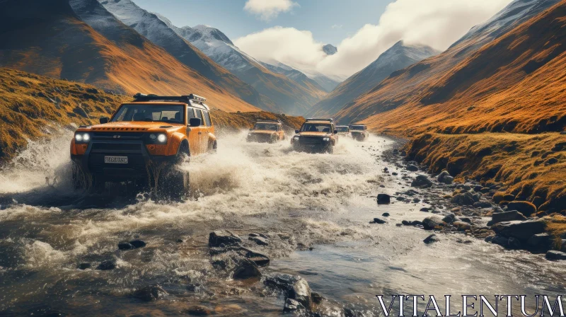 Exploring Nature: Off-Road Vehicles in Mountain River AI Image