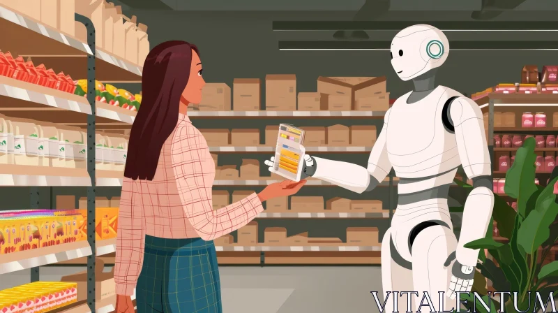 Female Customer in Supermarket | Robot Assistance | Shopping Experience AI Image