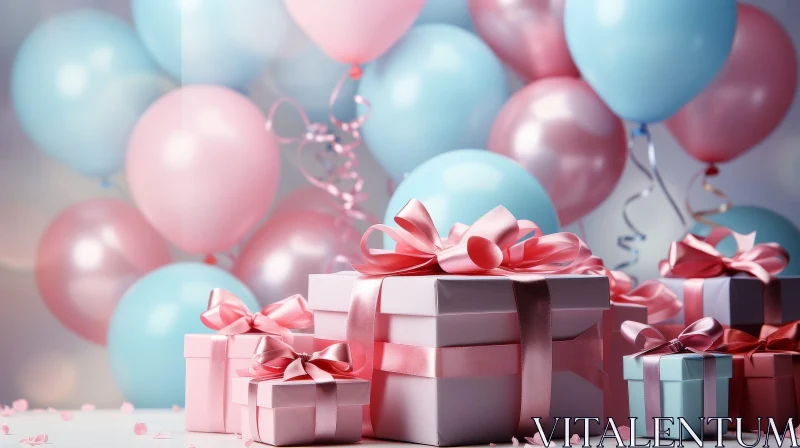 Joyful Celebration: Pink and Blue Gift Boxes with Balloons AI Image