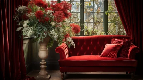 Luxurious Living Room with Red Velvet Sofa and Flowers