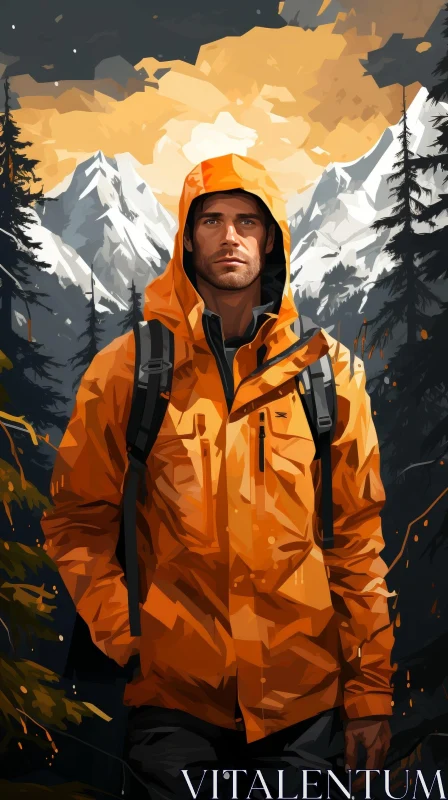 Man in Orange Jacket Standing in Front of Snow-Covered Mountain Range AI Image