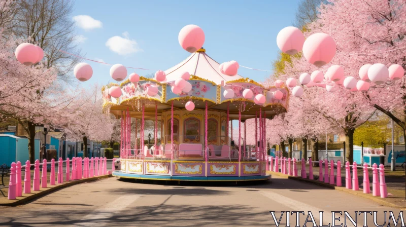 Parisian Park Carousel with Cherry Blossoms AI Image