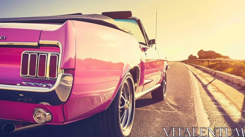 Pink Classic Car Drive Along Coastal Road AI Image