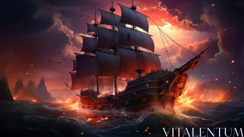 Pirate Ship Battle on Stormy Sea AI Image