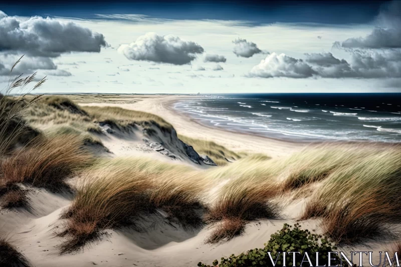 Realistic Beach Landscape with Cloudy Sky and Sand Dunes AI Image
