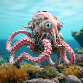 Retro-Futuristic Octopus in Coralpunk Ocean Scene