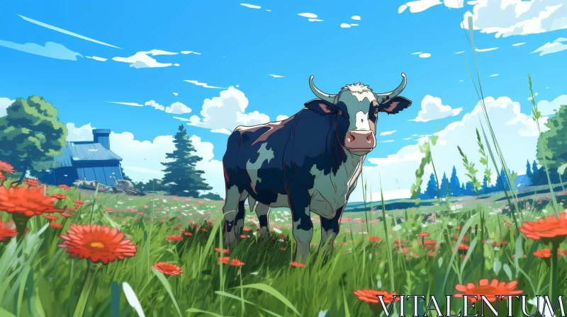 Serene Cartoon Cow in Red Flower Field AI Image