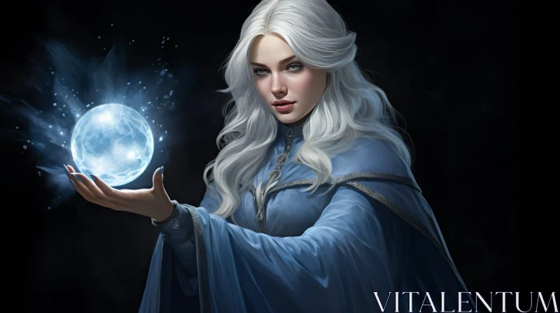 AI ART Serious Young Woman Portrait with Blue Orb