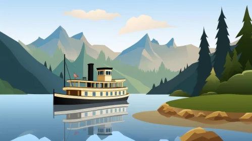 Tranquil Lake with Boat and Mountains Illustration