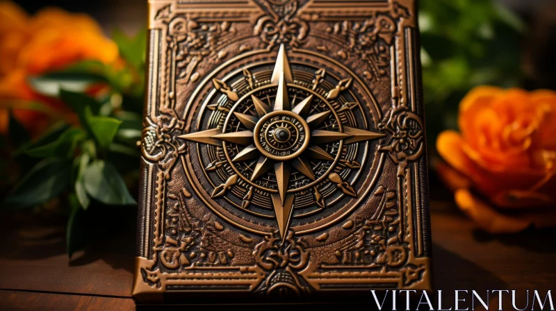 Vintage Book and Bronze Compass on Wooden Table AI Image