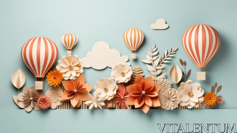 Whimsical 3D Illustration: Paper Flowers and Hot Air Balloons AI Image