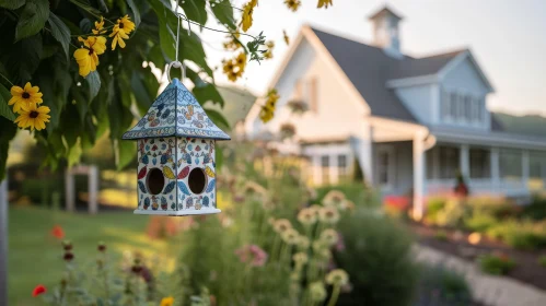 Birdhouse Hanging in a Colorful Garden | Ceramic Decor