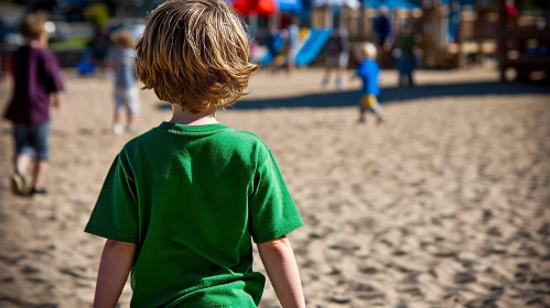 Boy in Green T-shirt Watching Children Play on Sandy Playground