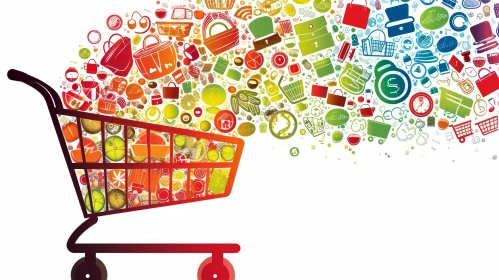 Colorful Shopping Cart Illustration with Food, Clothing, and Electronics