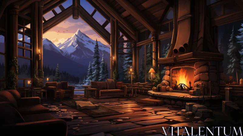AI ART Cozy Log Cabin Living Room in Snowy Forest