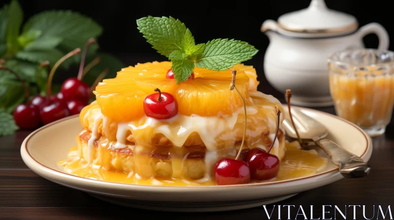 AI ART Delicious Pancake Dessert with Pineapple and Cherries