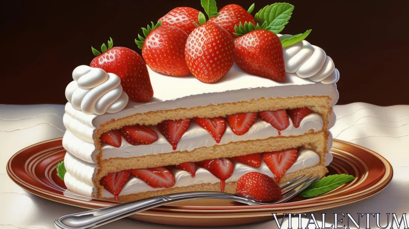 Delicious Strawberry Cake Slice on Plate AI Image