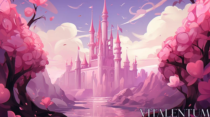 Enchanting Pink Castle in Nature AI Image