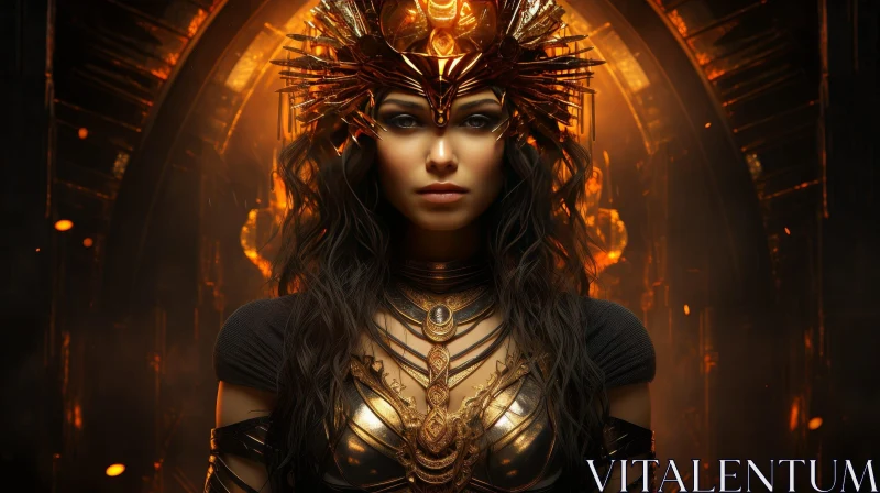 Enigmatic Woman Portrait with Golden Headdress AI Image
