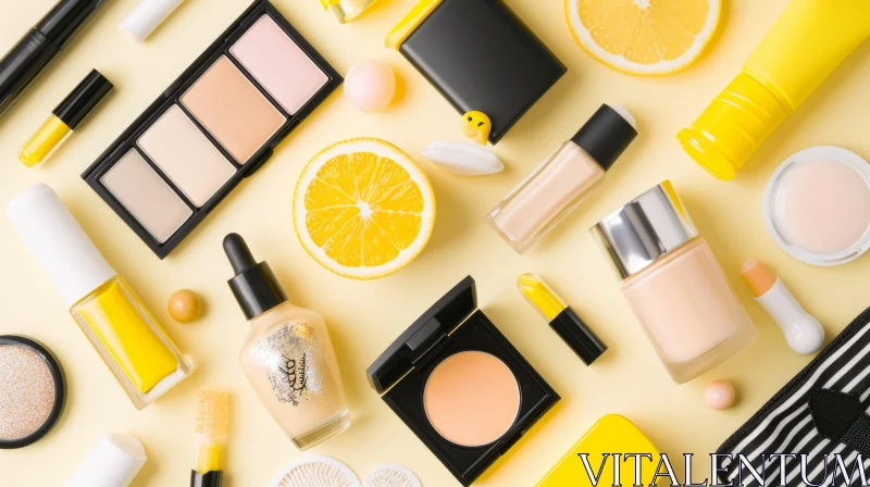 Exquisite Makeup Products and Accessories on a Luminous Yellow Background AI Image