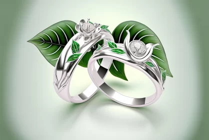 Exquisite Silver Wedding Rings with Emerald Leaves | Thai Art