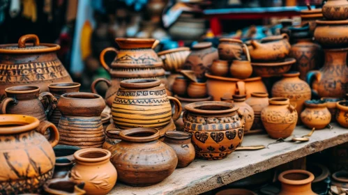 Handmade Clay Pots and Pottery Collection on Wooden Table