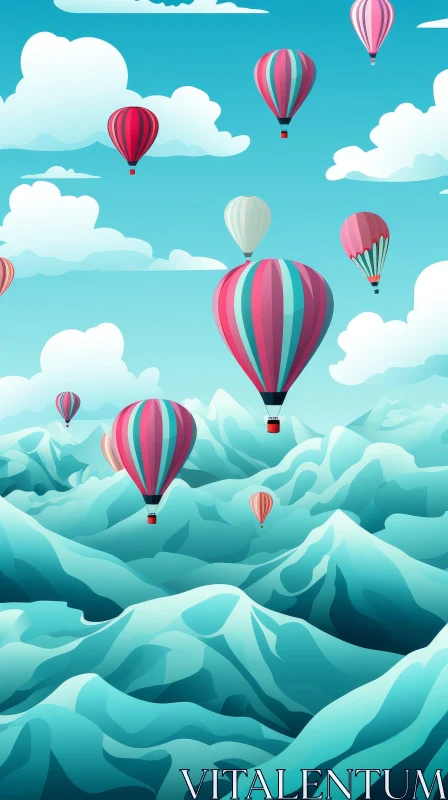 Hot Air Balloons Over Mountain Landscape AI Image