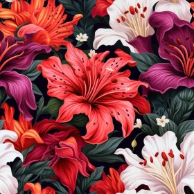 Lily Floral Seamless Pattern on Dark Green Background