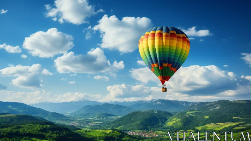 Majestic Hot Air Balloon Landscape Over Valley and Mountains AI Image