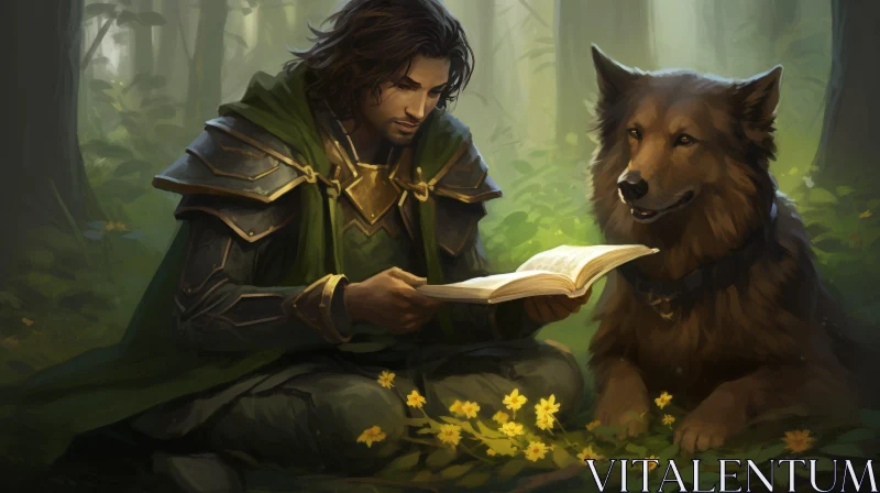 Man and Wolf in Forest Painting AI Image
