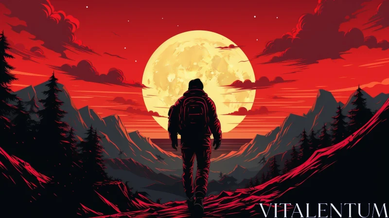 Man Walking Towards Full Moon in Mountain Landscape AI Image