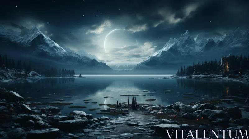 Moonlit Mountain Lake Serenity AI Image