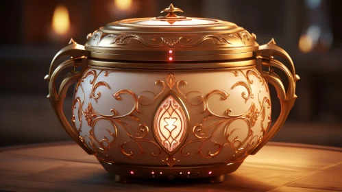 Ornate Golden & White Cooking Pot on Wooden Table