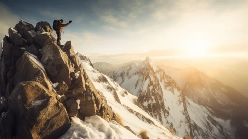 Peak Triumph: Man on Snow-Capped Mountain