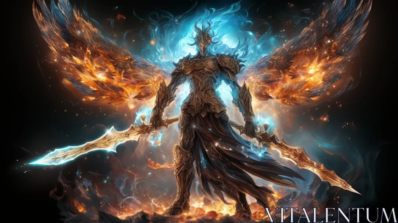 Powerful Warrior in Fiery Landscape | Dark Fantasy Illustration AI Image