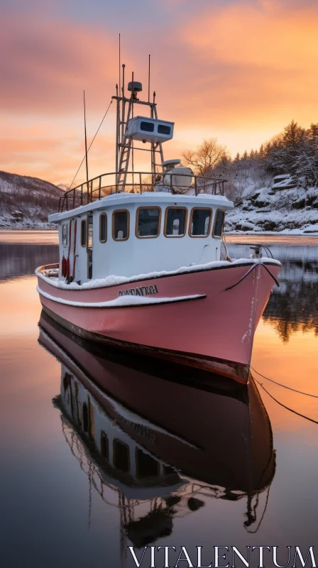 AI ART Tranquil Sunset Scene: Pink and White Boat in Harbor with Snow-Covered Mountains
