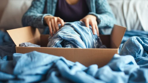 Unpacking Joy: Woman Delightedly Reveals Blue Clothes and Textiles