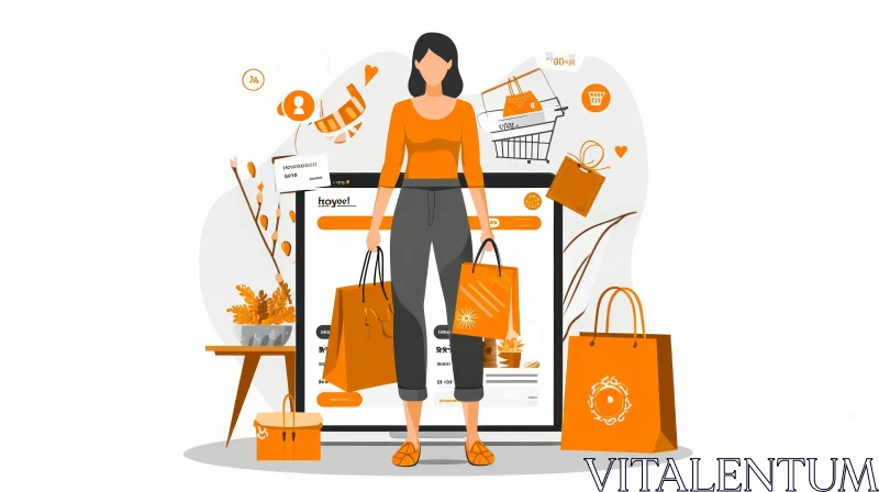 Young Woman with Shopping Bags and Computer Screen AI Image