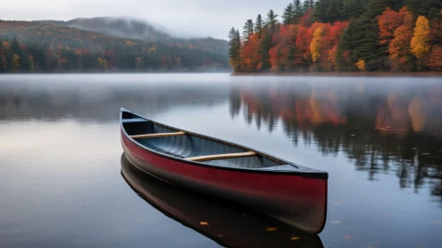Autumn Lake Landscape with Colorful Trees and Red Canoe