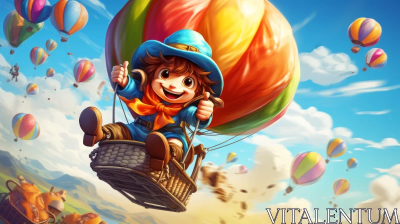 Boy in Hot Air Balloon Cartoon Illustration AI Image