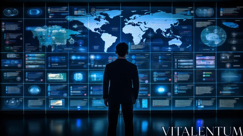 AI ART Businessman Analyzing Global Data on Video Wall