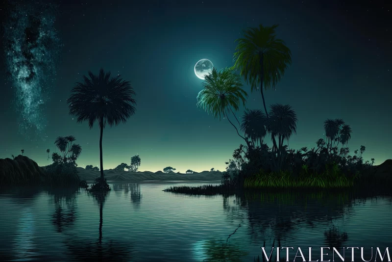 AI ART Captivating Night Scene with Palm Trees by the Water - Delicate Fantasy Worlds
