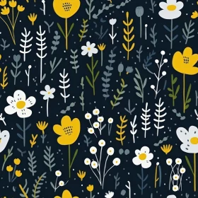 Charming Hand-Drawn Floral Pattern on Dark Blue Background