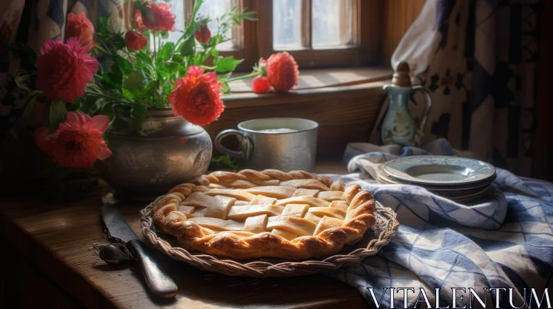 Charming Still Life Composition with Pie and Flowers AI Image
