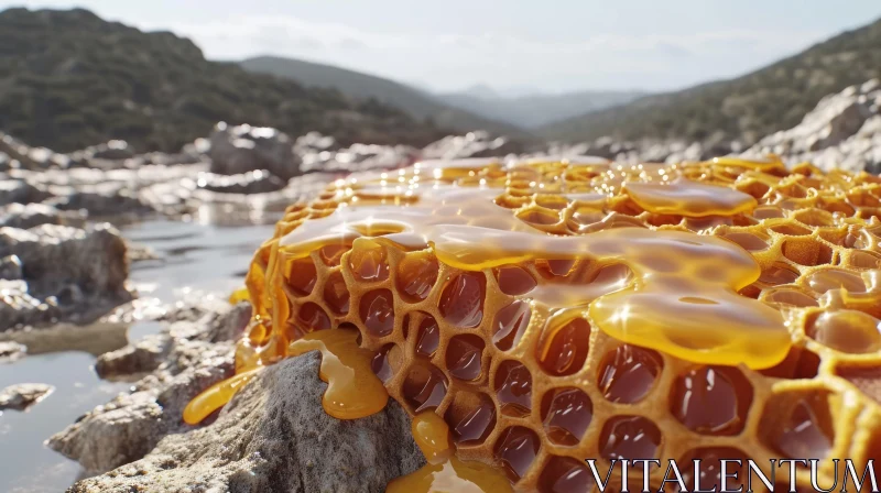 Close-up Honeycomb on Rock | Dripping Honey | Mountains Background AI Image