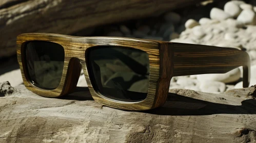 Close-up of Wooden Sunglasses on Driftwood | Nature Photography